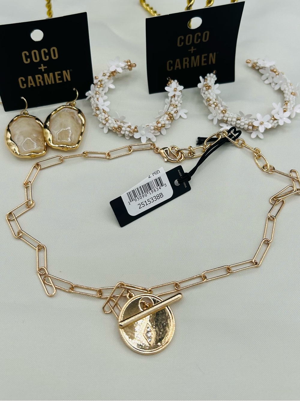 COCO + CARMEN Boho Daisy Beaded Hoops, Neutral Drop Earrings & Necklace Set 3pc